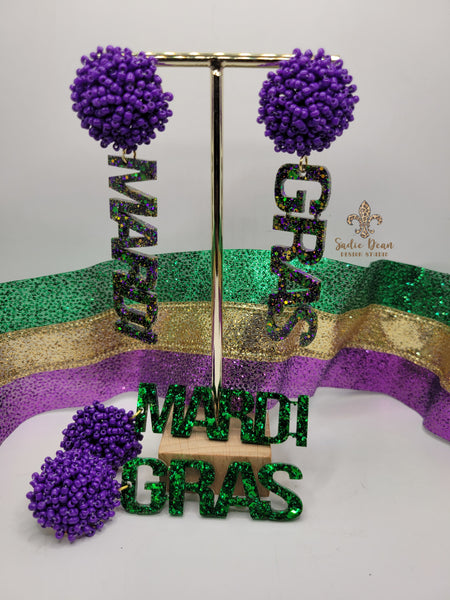 Mardi Gras Seed Bead Word Earrings