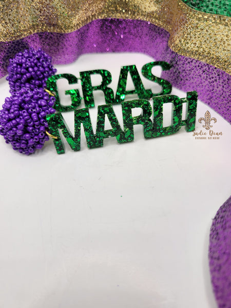 Mardi Gras Seed Bead Word Earrings