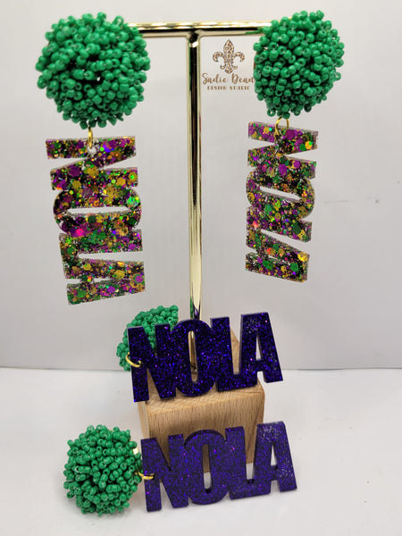 Mardi Gras Seed Bead Word Earrings