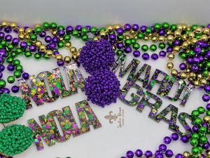 Mardi Gras Seed Bead Word Earrings